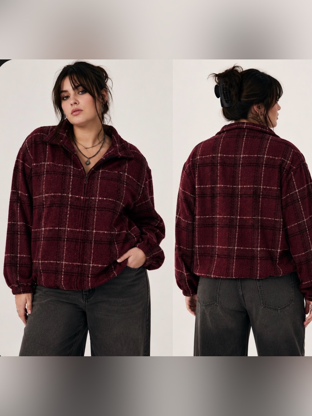 Alfred Dunner 90’s Grunge Cabincore Burgundy Plaid Lined Zip-Front Jacket Sz 16